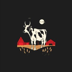 logo with farm. cow and ambars on black background - obrazy, fototapety, plakaty