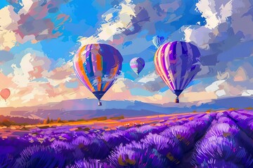 Vibrant Hot Air Balloons Floating Over Vast Lavender Fields, Digital Painting