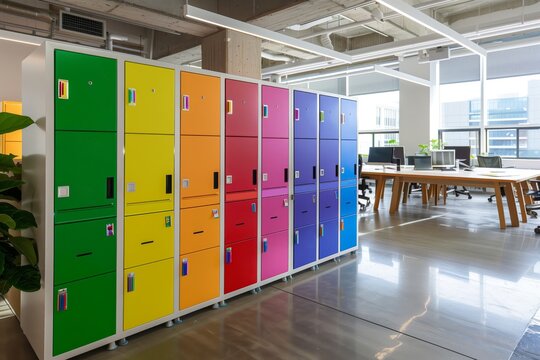 row of rainbowcolored lockers in a welllit open office space