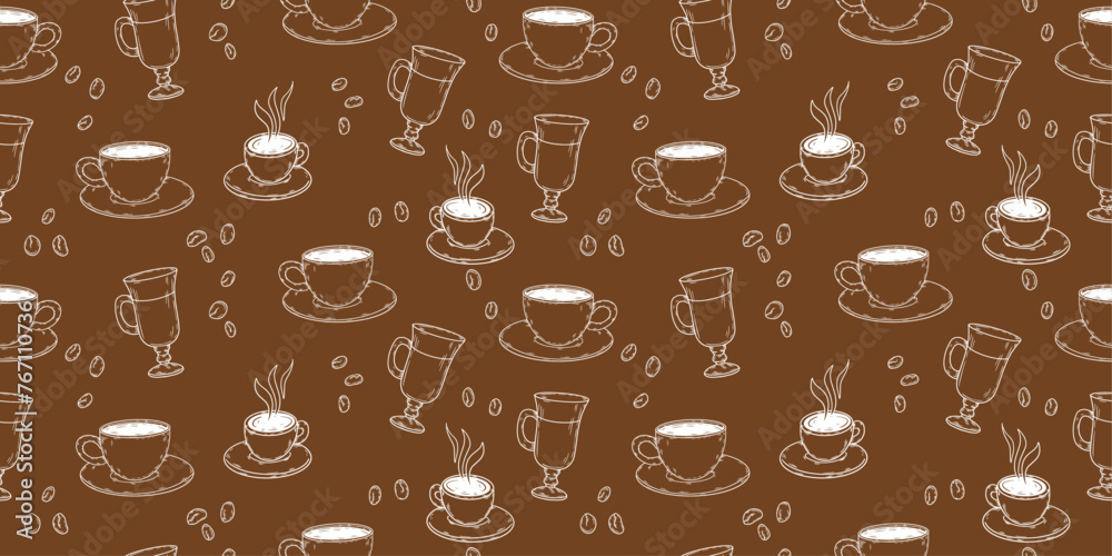 Aufkleber Brown coffee pattern from different cups. Vector seamless pattern on the theme of coffee shop.