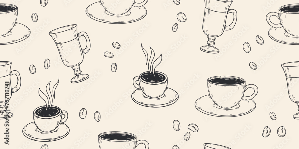 Poster Coffee pattern from different cups. Vector seamless pattern on the theme of coffee shop.