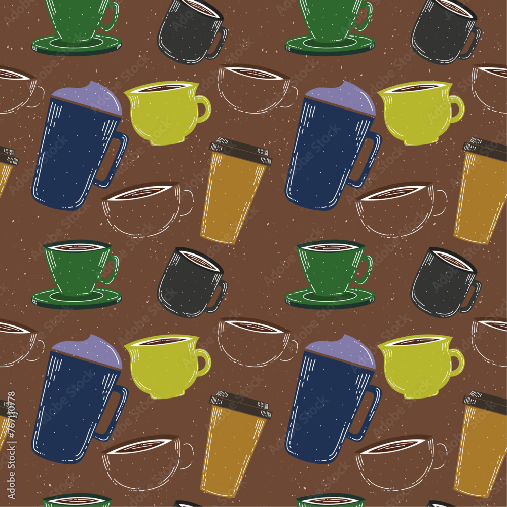 Aufkleber retro pattern of cups. coffee shop, retro pattern. cups for hot drinks, wallpaper and pattern.
