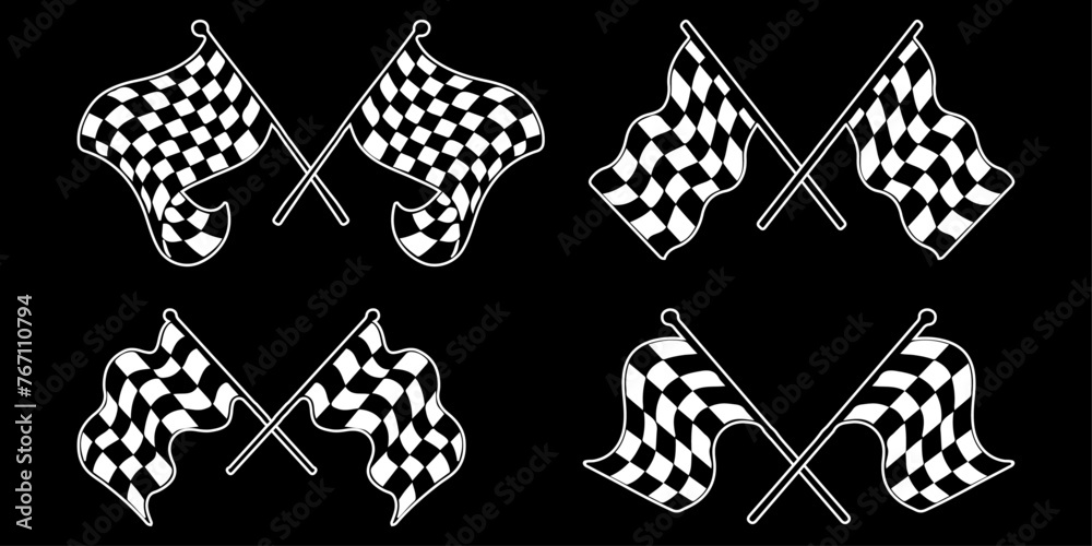 Poster Set of racing flags. Vector crossed racing and checkered flag. Four racing flag options.