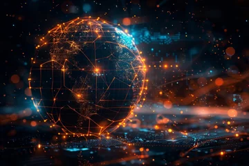 Poster A high-tech model planet with glowing interconnected lines and nodes representing global networking and communication, creating a mesmerizing visual display. © tonstock