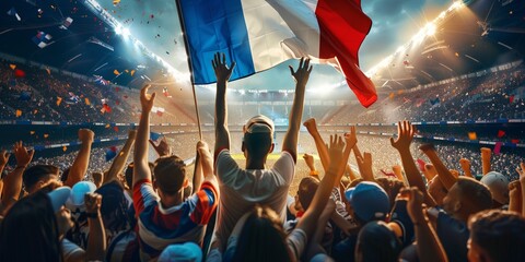French fan in the soccer football stadium merge with French flag - obrazy, fototapety, plakaty