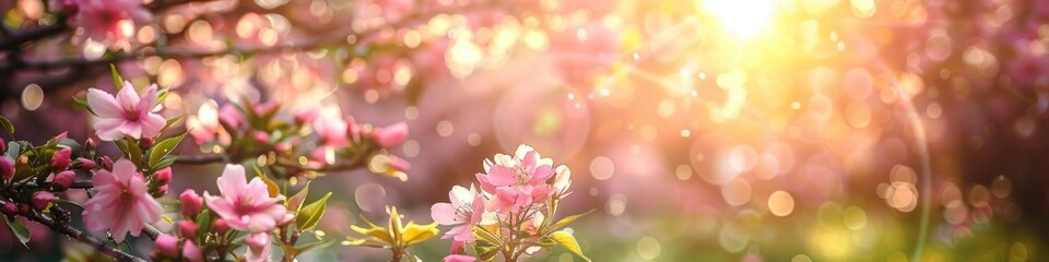 Beautiful pink sakura flowers blooming in spring, panoramic banner. Blossoming branch of Japanese cherry on a background of sunset.