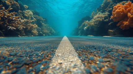 Underwater road amidst coral reefs and marine life. - 767110986