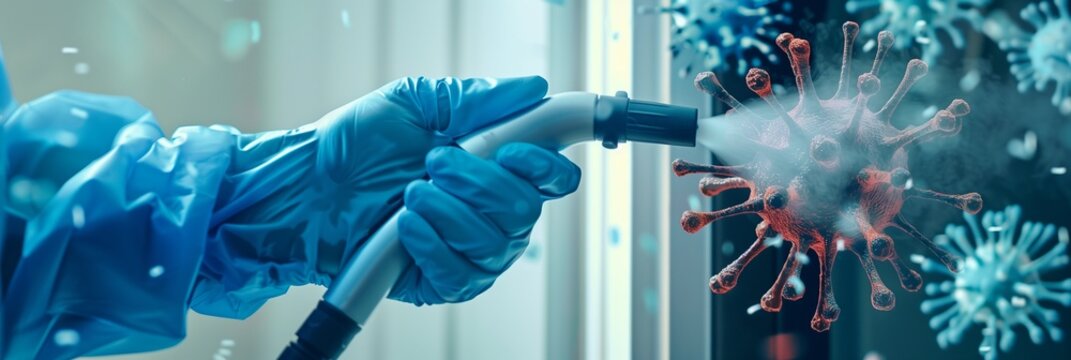 Person in hazmats making disinfection in flat