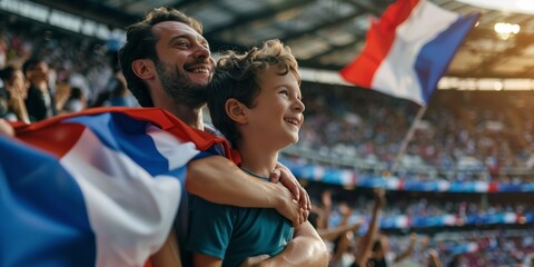 Fototapeta na wymiar French fan in the soccer football stadium merge with French flag