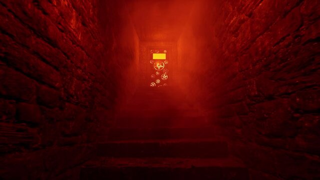 3D render. Halloween. Door to hell in the basement of an old house.