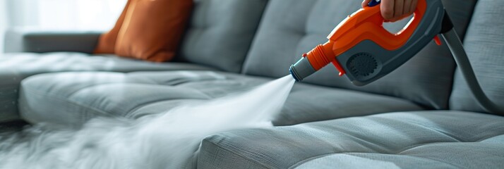 Hand cleaning sofa with a steam cleaner. Home cleaning concept.