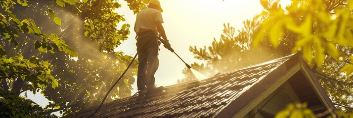 Roof cleaning with high pressure - obrazy, fototapety, plakaty