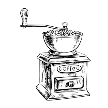 A coffee grinder grinds coffee beans. Vector black and white illustration illustration on a white isolated background. For printing, menus, postcards and packages. For banners, flyers and posters.