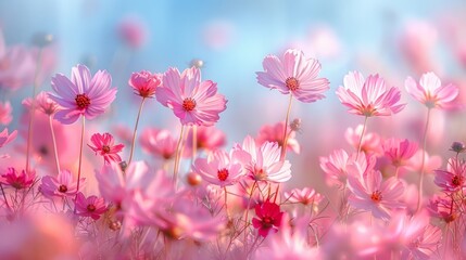 Pink flowers with blue sky backdrop in natural landscape - obrazy, fototapety, plakaty