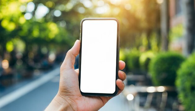 Mobile Phone for Mockup - Mobile Phone held by Hand in an Outdoors Environment - Template for Application Presentation
