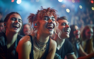 A group of people are at a concert, with a woman in the center smiling