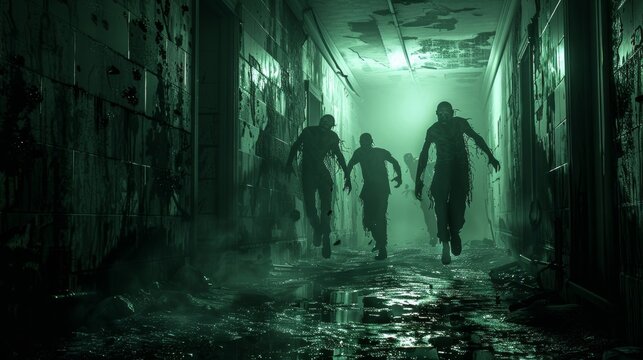 Creepy undead monsters sprinting through dim corridors and deserted cellar in a dystopian landscape.