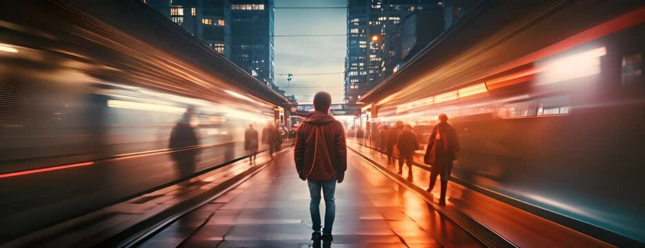 Long exposure picture with lonely young man shot from behind at subway station with blurry moving train and walking people in background, digital art 4K Video