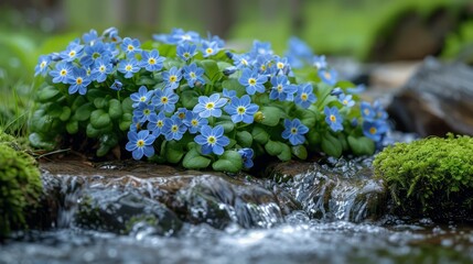 Blue flowers bloom by stream on rocky ground, enhancing natural landscape - obrazy, fototapety, plakaty