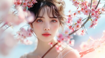 Fototapeta premium 満開の桜と若い女性のポートレート