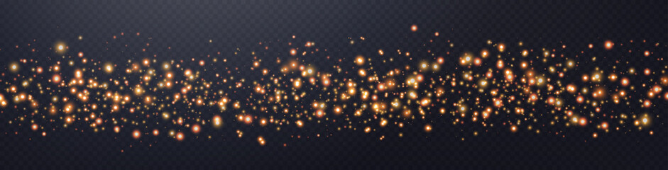 Orange glittering dots, particles, stars magic sparks. Dust cloud flare light effect. Orange luminous points with smoke. Vector particles on transparent background - obrazy, fototapety, plakaty