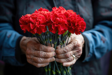 Fototapeta na wymiar An elderly person's hands gently holding a bouquet of vibrant red carnations