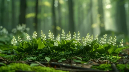 Fototapeten Green lily of the valley plants flourishing in forest © yuchen