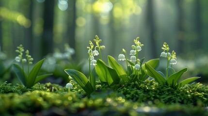 Lily of the valley plants thrive in forest landscapes as groundcover