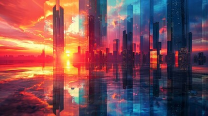 The realism of titanium skyscrapers reflecting the colors of the sunset