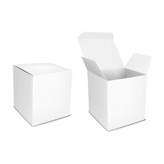 Blank white square paperboard box with hinged lid, closed and open. Realistic vector mockup. Cardboard box, paper container packaging. Mock-up for design - 767112702