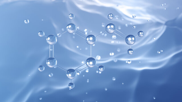 styrene molecular structure, 3d model molecule, precursor polystyrene, structural chemical formula view from a microscope