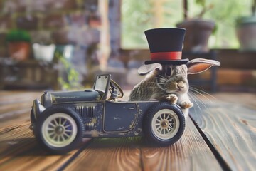 rabbit with a top hat riding in a mini vintage car on a wooden floor - obrazy, fototapety, plakaty