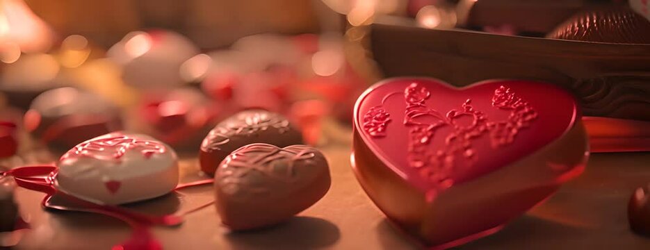 Close-up image capturing heart-shaped chocolates placed on a table, a delightful setup for the day of love and friendship. 4K Video