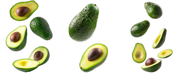 set of Falling avocado, clipping path, isolated on white background full depth of field