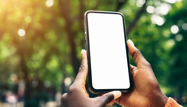 Mobile Phone for Mockup - Mobile Phone held by Hand in an Outdoors Environment - Template for Application Presentation