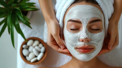 Close-up portrait of woman with facial mask application at spa. Facial treatment.