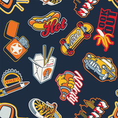 Cute urban street sticker clip art patchwork wallpaper abstract vector seamless pattern for children wear fabric shirt sweatshirt pajamas - 767113565