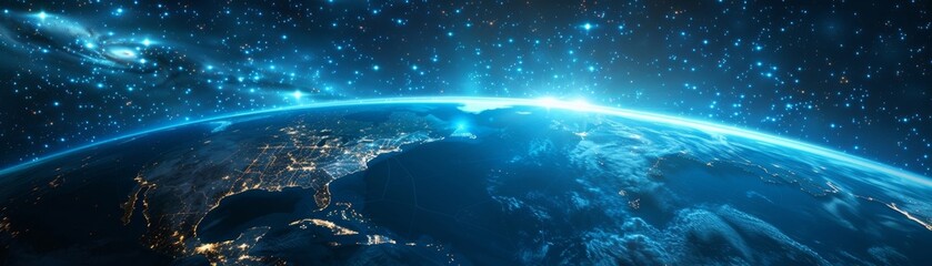 The Earth's digital realm orbits around the Americas, emphasizing the global connectivity and intercontinental data exchange facilitated by rapid cyber technology and high-speed information transfer.