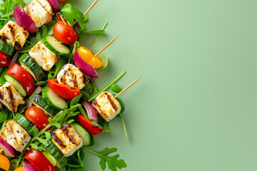 Close-up of vegetarian kebabs loaded with colorful veggies, halloumi cheese. light green color...