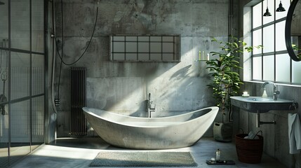 
Contemporary bathroom with stylish bathtub, sleek sink, functional mirror, concrete elements, grey radiator, and industrial chic vibe - obrazy, fototapety, plakaty