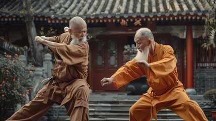 Two Ancient Old Man Practicing Kungfu - obrazy, fototapety, plakaty