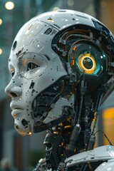 Artistry cyborg in art studio. AI Artificial intelligence generates works of art. Concept art illustration. Artists unemployed due to AI.