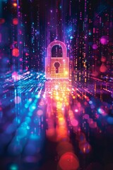 Visualizing cyber defense as a secure encryption system processing digital data transmissions, encapsulated by a range of bright and varied hues.