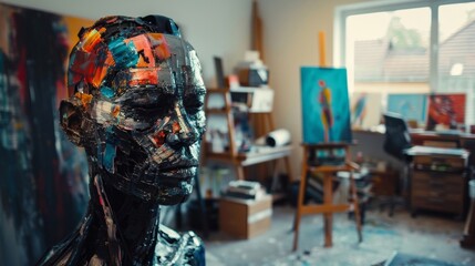 Artistry cyborg in art studio. AI Artificial intelligence generates works of art. Concept art illustration. Artists unemployed due to AI.