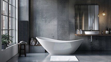 
Contemporary bathroom with stylish bathtub, sleek sink, functional mirror, concrete elements, grey radiator, and industrial chic vibe - obrazy, fototapety, plakaty