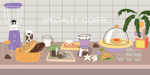 Vector hand painted cafe tasty pastry desserts and specialty coffee illustration. Cute flat simple hand drawn icon cafe interior composition, premade poster, banner