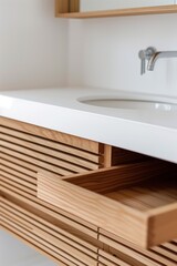 bathroom vanity with slats of wood and an open drawer, modern style, white wall, minimal interior design, natural light, closeup, minimal interior design with slats of wood, modern style