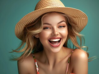 A woman with blonde hair and a yellow hat is smiling