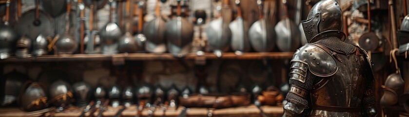 Picture a scene of an ancient castle armory filled with swords, shields, and suits of armor, all awaiting the brave knights gearing up for epic battles on the battlefield. - obrazy, fototapety, plakaty