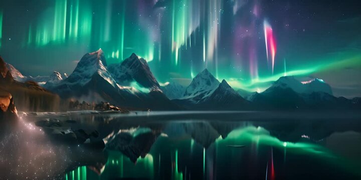 Ethereal image depicting the aurora borealis illuminating the starry night sky above a silhouette of pines 4K Video